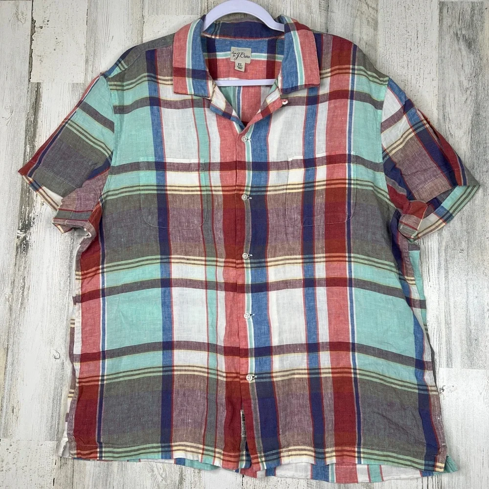 J. Crew Baird McNutt Italian Linen Plaid Button Front Shirt Men’s XL Preppy Camp